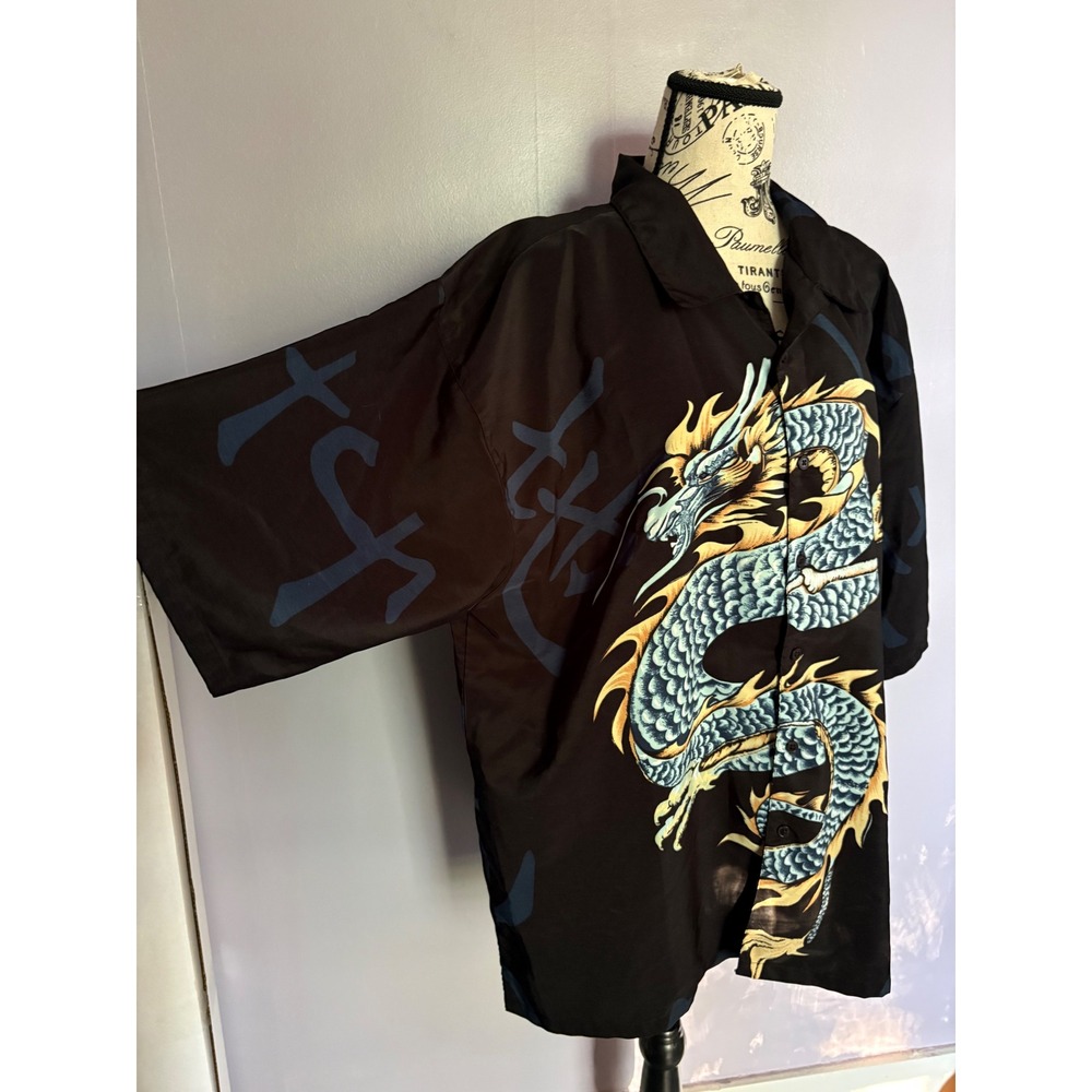 VTG Y2K Steve & Barrys Club Shirt Mens XXL Black Blue Dragon Graphic Button Down